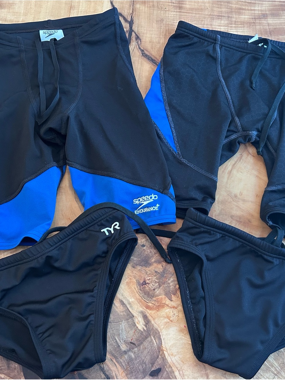 TYR and Speedo Boys Size 24 Black Swim Jammers and Briefs with Blue Accents